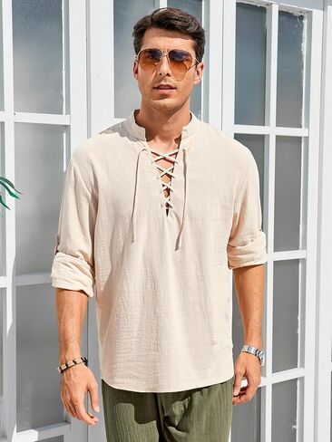 Men's Summer T-Shirt V-Neck Drawstring Tied Collar Long Sleeve Fashionable Men's Clothing Mens Beach Holiday Top in Saudi Arabia