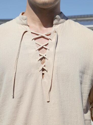 Men's Summer T-Shirt V-Neck Drawstring Tied Collar Long Sleeve Fashionable Men's Clothing Mens Beach Holiday Top in Saudi Arabia