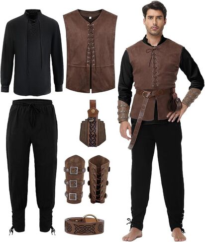 زي عصر النهضة في العصور الوسطى للرجال - مجموعة Pirate Viking Costume 7 PCS ، مجموعة Cosplay Cosplay Median in Kuwait