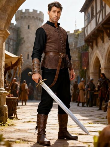 زي عصر النهضة في العصور الوسطى للرجال - مجموعة Pirate Viking Costume 7 PCS ، مجموعة Cosplay Cosplay Median in Kuwait