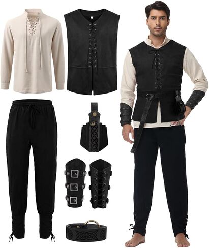 زي عصر النهضة في العصور الوسطى للرجال - مجموعة Pirate Viking Costume 7 PCS ، مجموعة Cosplay Cosplay Median in Kuwait