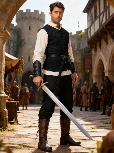 زي عصر النهضة في العصور الوسطى للرجال - مجموعة Pirate Viking Costume 7 PCS ، مجموعة Cosplay Cosplay Median in Kuwait