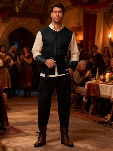 زي عصر النهضة في العصور الوسطى للرجال - مجموعة Pirate Viking Costume 7 PCS ، مجموعة Cosplay Cosplay Median in Kuwait