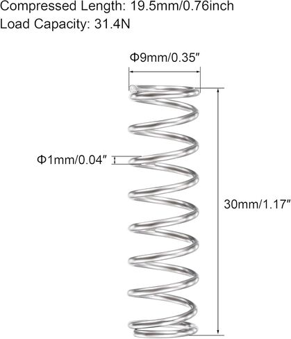 uxcell Compression Spring,304 Stainless Steel,9mm OD,1mm Wire Size,9mm Compressed Length,45mm Free Length,31.4N Load Capacity, Silver Tone,10pcs in Saudi Arabia
