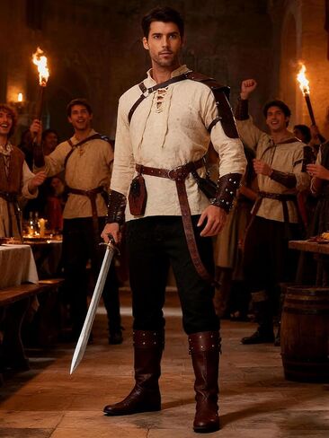 زي عصر النهضة في العصور الوسطى للرجال - مجموعة ملابس القراصنة 8 PCS ، زي الهالوين مع حزام الفايكنج in Kuwait