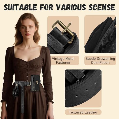 Renaissance Belt with Pouch Waist Bag - Coin Purse for Pirate, Renaissance Accessories for Festivals, Cosplay & Halloween (Black) in Saudi Arabia