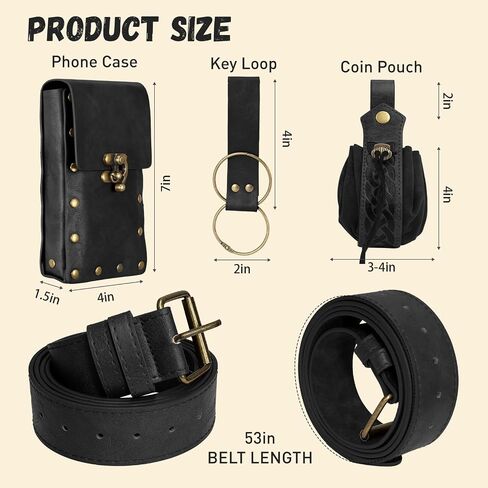 Renaissance Belt with Pouch Waist Bag - Coin Purse for Pirate, Renaissance Accessories for Festivals, Cosplay & Halloween (Black) in Saudi Arabia