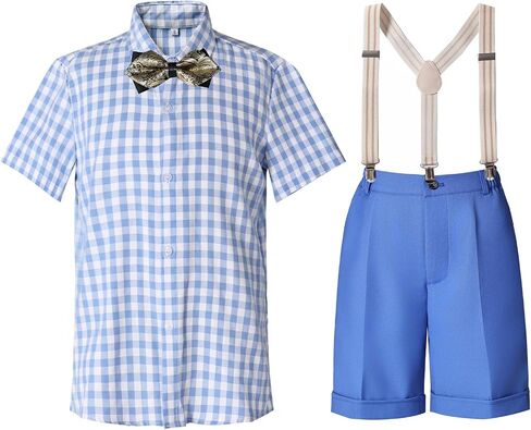 Boys Summer Suits Set Cotton Plaid Suspender Pants Suit for Boys with Bowtie for Beach Wedding Outfit in Saudi Arabia