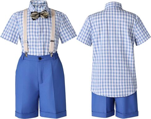 Boys Summer Suits Set Cotton Plaid Suspender Pants Suit for Boys with Bowtie for Beach Wedding Outfit in Saudi Arabia