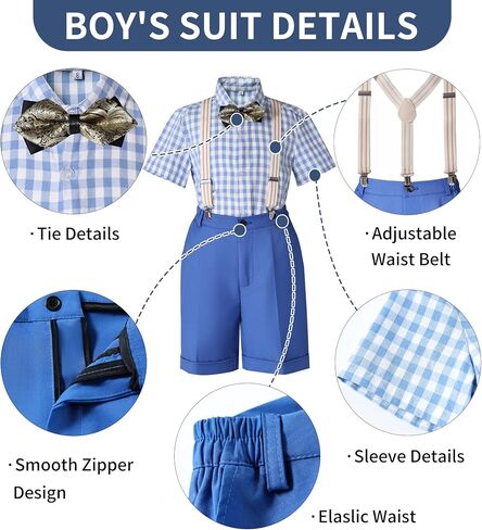 Boys Summer Suits Set Cotton Plaid Suspender Pants Suit for Boys with Bowtie for Beach Wedding Outfit in Saudi Arabia