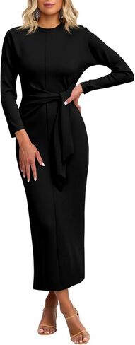 Cicy Bell Womens Long Sleeve Maxi Dress Bodycon Tie Waist Fall Elegant Crew Neck Cocktail Party Dress in Saudi Arabia