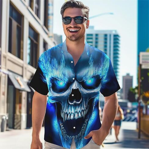 ريد اللهب رجالي قميص هاواي 3D Graphic aloha قميص الزر الزر أسفل القمصان غير الرسمية قصيرة الأكمام الشاطئية للرجال in Kuwait
