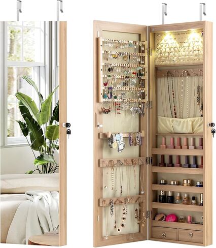 Goflame Jewellry Cabinet Door Wall Mouted ، 47.5 "مرآة كاملة الطول مع مصابيح تخزين ومصابيح LED ، منظم مجوهرات قابلة للقفل للنساء ، الفتيات ، البلوط الخفيف in Kuwait