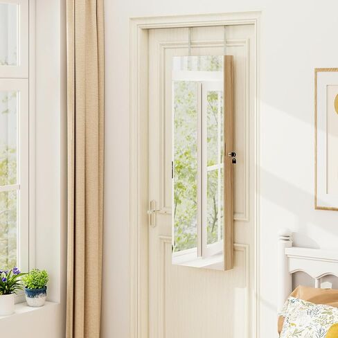 Goflame Jewellry Cabinet Door Wall Mouted ، 47.5 "مرآة كاملة الطول مع مصابيح تخزين ومصابيح LED ، منظم مجوهرات قابلة للقفل للنساء ، الفتيات ، البلوط الخفيف in Kuwait