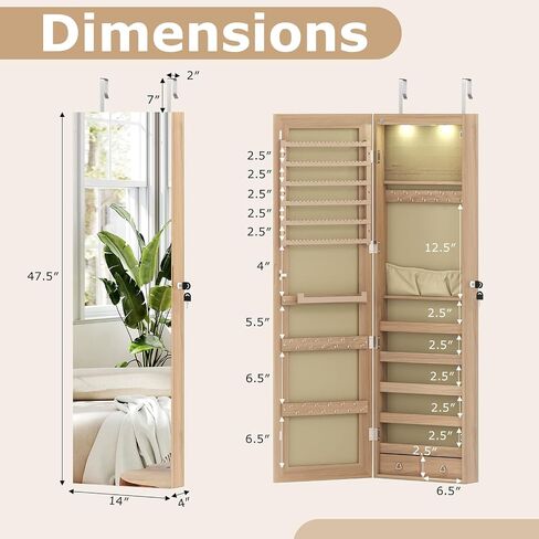 Goflame Jewellry Cabinet Door Wall Mouted ، 47.5 "مرآة كاملة الطول مع مصابيح تخزين ومصابيح LED ، منظم مجوهرات قابلة للقفل للنساء ، الفتيات ، البلوط الخفيف in Kuwait