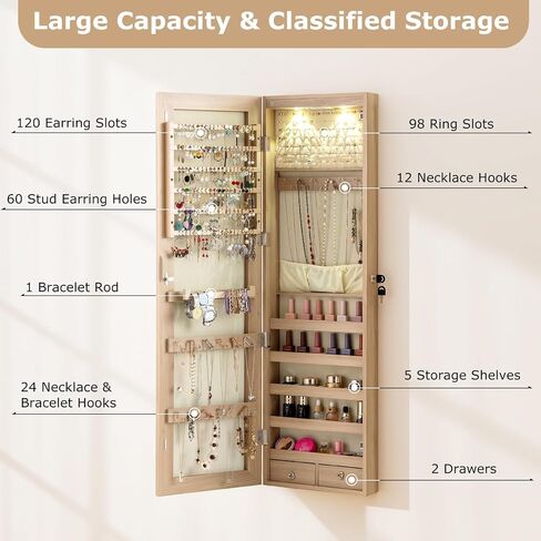 Goflame Jewellry Cabinet Door Wall Mouted ، 47.5 "مرآة كاملة الطول مع مصابيح تخزين ومصابيح LED ، منظم مجوهرات قابلة للقفل للنساء ، الفتيات ، البلوط الخفيف in Kuwait