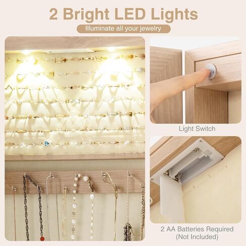 Goflame Jewellry Cabinet Door Wall Mouted ، 47.5 "مرآة كاملة الطول مع مصابيح تخزين ومصابيح LED ، منظم مجوهرات قابلة للقفل للنساء ، الفتيات ، البلوط الخفيف in Kuwait