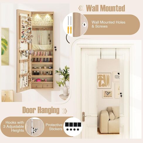 Goflame Jewellry Cabinet Door Wall Mouted ، 47.5 "مرآة كاملة الطول مع مصابيح تخزين ومصابيح LED ، منظم مجوهرات قابلة للقفل للنساء ، الفتيات ، البلوط الخفيف in Kuwait