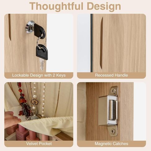 Goflame Jewellry Cabinet Door Wall Mouted ، 47.5 "مرآة كاملة الطول مع مصابيح تخزين ومصابيح LED ، منظم مجوهرات قابلة للقفل للنساء ، الفتيات ، البلوط الخفيف in Kuwait