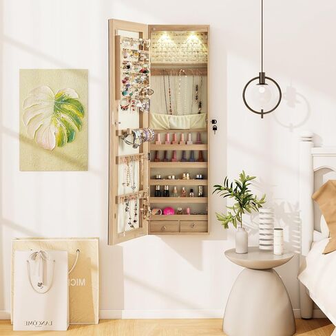 Goflame Jewellry Cabinet Door Wall Mouted ، 47.5 "مرآة كاملة الطول مع مصابيح تخزين ومصابيح LED ، منظم مجوهرات قابلة للقفل للنساء ، الفتيات ، البلوط الخفيف in Kuwait