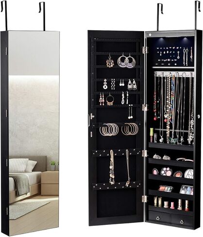 Goflame Jewellry Cabinet Door Wall Mouted ، 47.5 "مرآة كاملة الطول مع مصابيح تخزين ومصابيح LED ، منظم مجوهرات قابلة للقفل للنساء ، الفتيات ، البلوط الخفيف in Saudi Arabia