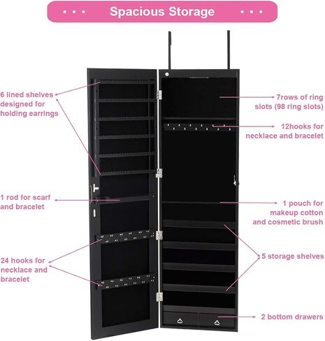Goflame Jewellry Cabinet Door Wall Mouted ، 47.5 "مرآة كاملة الطول مع مصابيح تخزين ومصابيح LED ، منظم مجوهرات قابلة للقفل للنساء ، الفتيات ، البلوط الخفيف in Saudi Arabia