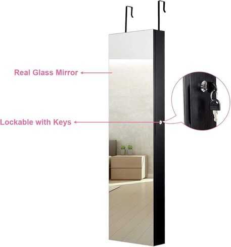 Goflame Jewellry Cabinet Door Wall Mouted ، 47.5 "مرآة كاملة الطول مع مصابيح تخزين ومصابيح LED ، منظم مجوهرات قابلة للقفل للنساء ، الفتيات ، البلوط الخفيف in Saudi Arabia