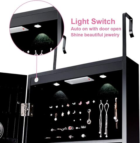 Goflame Jewellry Cabinet Door Wall Mouted ، 47.5 "مرآة كاملة الطول مع مصابيح تخزين ومصابيح LED ، منظم مجوهرات قابلة للقفل للنساء ، الفتيات ، البلوط الخفيف in Saudi Arabia