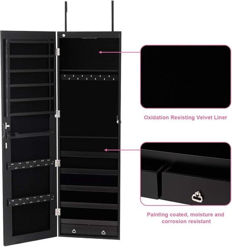 Goflame Jewellry Cabinet Door Wall Mouted ، 47.5 "مرآة كاملة الطول مع مصابيح تخزين ومصابيح LED ، منظم مجوهرات قابلة للقفل للنساء ، الفتيات ، البلوط الخفيف in Saudi Arabia