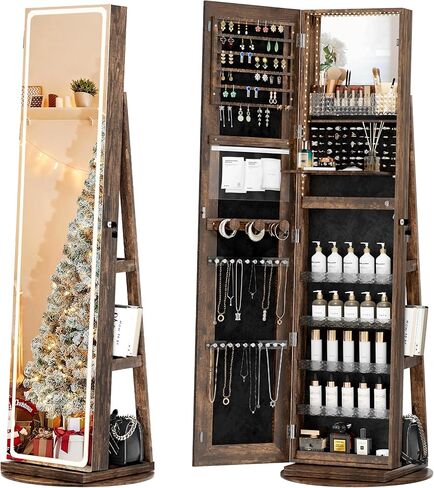 Nunu Lab Mirror Jewelry Cabinlet يقف مع 6 LEDs مرآة مدمجة ، منظم مجوهرات قابل للقفل مع مرآة ودرج 360 درجة بطول كامل ، مجوهرات مع 3 أرفف تخزين ، أبيض in Kuwait