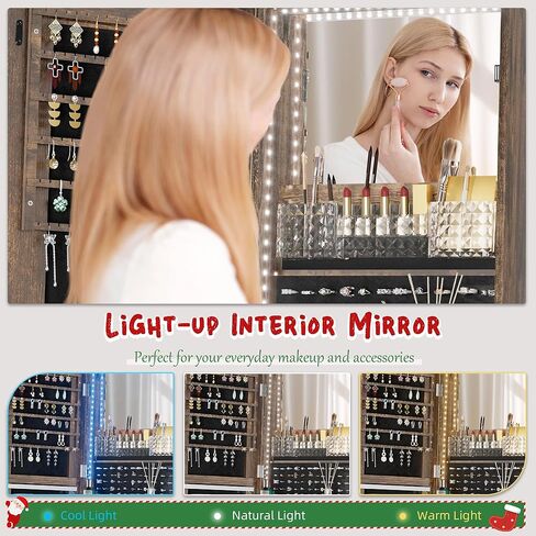 Nunu Lab Mirror Jewelry Cabinlet يقف مع 6 LEDs مرآة مدمجة ، منظم مجوهرات قابل للقفل مع مرآة ودرج 360 درجة بطول كامل ، مجوهرات مع 3 أرفف تخزين ، أبيض in Kuwait