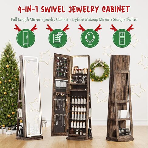 Nunu Lab Mirror Jewelry Cabinlet يقف مع 6 LEDs مرآة مدمجة ، منظم مجوهرات قابل للقفل مع مرآة ودرج 360 درجة بطول كامل ، مجوهرات مع 3 أرفف تخزين ، أبيض in Kuwait