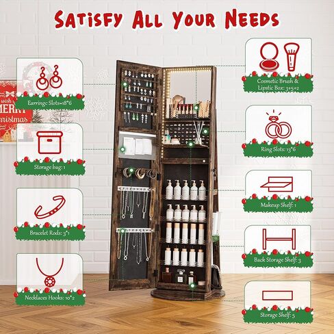 Nunu Lab Mirror Jewelry Cabinlet يقف مع 6 LEDs مرآة مدمجة ، منظم مجوهرات قابل للقفل مع مرآة ودرج 360 درجة بطول كامل ، مجوهرات مع 3 أرفف تخزين ، أبيض in Kuwait