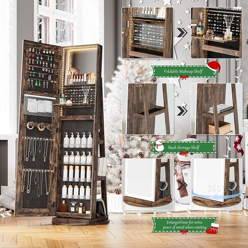 Nunu Lab Mirror Jewelry Cabinlet يقف مع 6 LEDs مرآة مدمجة ، منظم مجوهرات قابل للقفل مع مرآة ودرج 360 درجة بطول كامل ، مجوهرات مع 3 أرفف تخزين ، أبيض in Kuwait