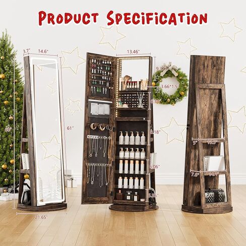 Nunu Lab Mirror Jewelry Cabinlet يقف مع 6 LEDs مرآة مدمجة ، منظم مجوهرات قابل للقفل مع مرآة ودرج 360 درجة بطول كامل ، مجوهرات مع 3 أرفف تخزين ، أبيض in Kuwait