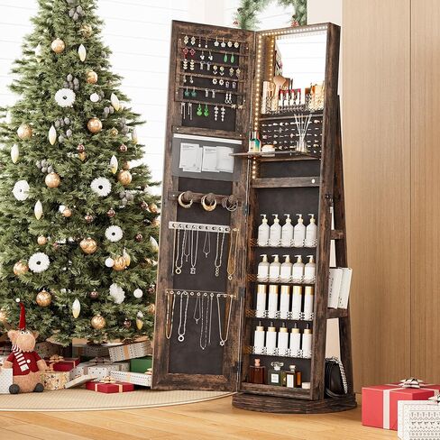 Nunu Lab Mirror Jewelry Cabinlet يقف مع 6 LEDs مرآة مدمجة ، منظم مجوهرات قابل للقفل مع مرآة ودرج 360 درجة بطول كامل ، مجوهرات مع 3 أرفف تخزين ، أبيض in Kuwait