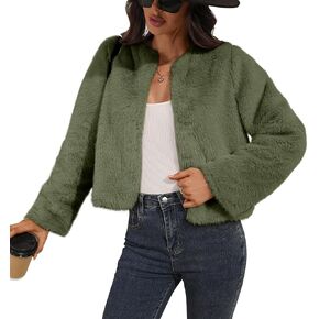 Women's Faux Fur Cropped Jacket Winter Crew Neck Long Sleeve Shrugs for Dresses Fluffy Coats with Pocket in Kuwait