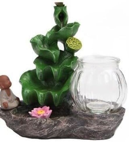 Zen Garden Tabletop Fountain with LED Fish Tank, Green Leaf Waterfall Design, Resin Base, Glass Bowl, 19x11cm, Backflow Incense Holder in Saudi Arabia