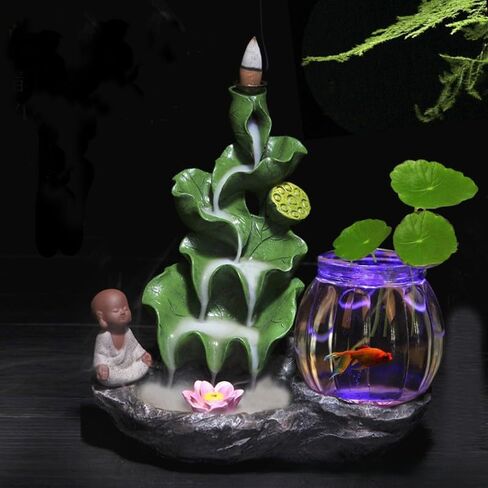 Zen Garden Tabletop Fountain with LED Fish Tank, Green Leaf Waterfall Design, Resin Base, Glass Bowl, 19x11cm, Backflow Incense Holder in Saudi Arabia