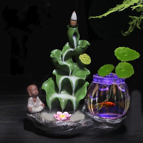 Zen Garden Tabletop Fountain with LED Fish Tank, Green Leaf Waterfall Design, Resin Base, Glass Bowl, 19x11cm, Backflow Incense Holder in Saudi Arabia