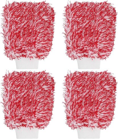 HARFINGTON 4pcs Chenille Microfiber Car Wash Mitts 10.2" x 6.7" Scratch Free Wash Gloves Absorbent Double Sided Plush Cleaning Drying Mitts for Car Washing Home, Red in Saudi Arabia
