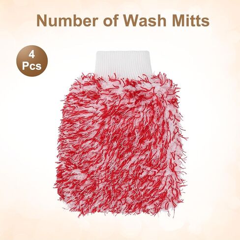 HARFINGTON 4pcs Chenille Microfiber Car Wash Mitts 10.2" x 6.7" Scratch Free Wash Gloves Absorbent Double Sided Plush Cleaning Drying Mitts for Car Washing Home, Red in Saudi Arabia