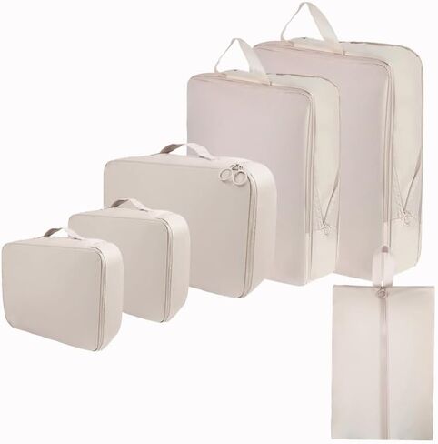 6 Set Compression Packing Cubes for Travel, Compressible, Lightweight, Space-Saving Luggage Organizer Bags for Organizing Clothes Shoes, Travel Accessories, Beige in Saudi Arabia