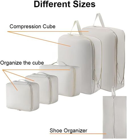 6 Set Compression Packing Cubes for Travel, Compressible, Lightweight, Space-Saving Luggage Organizer Bags for Organizing Clothes Shoes, Travel Accessories, Beige in Saudi Arabia