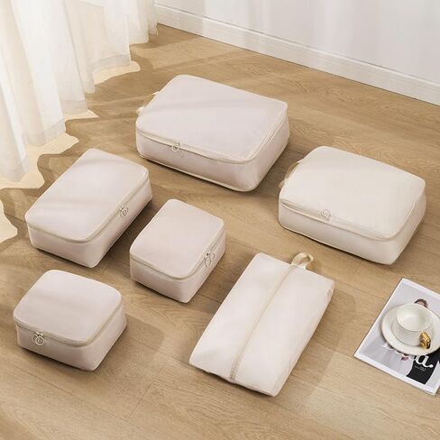 6 Set Compression Packing Cubes for Travel, Compressible, Lightweight, Space-Saving Luggage Organizer Bags for Organizing Clothes Shoes, Travel Accessories, Beige in Saudi Arabia