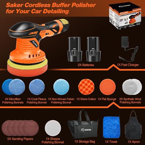 Saker Cordless Buffer Polisher, 6 Inch Fast Charging Portable Car Polishing Kit with 2PCS 12V 2000mAh Batteries, Polisher for Car Detailing Polishing Waxing (Orange, Buffer Polisher+2 Batteries+1 Bag) in Saudi Arabia