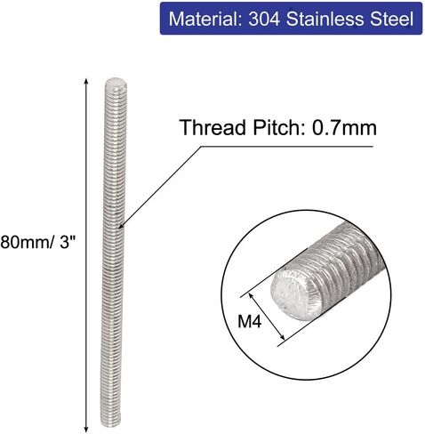 Uxcell M4 x 80mm 304 الفولاذ المقاوم للصدأ قضيب ملولب بالكامل ترصيع فضي اللون 20 قطعة in Saudi Arabia