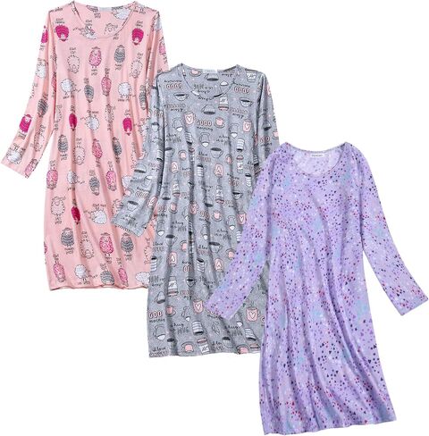 3 Pack Nightgowns for Women Soft Cotton Print Sleepshirts Womens Long Sleeve Sleep Tee Sleepwear in Kuwait