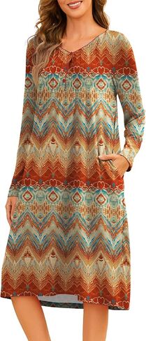 Nightgowns for Women Floral Print House Dresses Pleated Sleepwear Long Sleeve Sleep Shirts Mumu Dresses with Pockets in Saudi Arabia