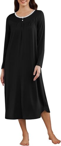 Ekouaer Women's Long Sleeve Nightgown Long Sleepshirt Henley Nightgowns Full Length Sleep Dress with Pockets S-3XL in Saudi Arabia
